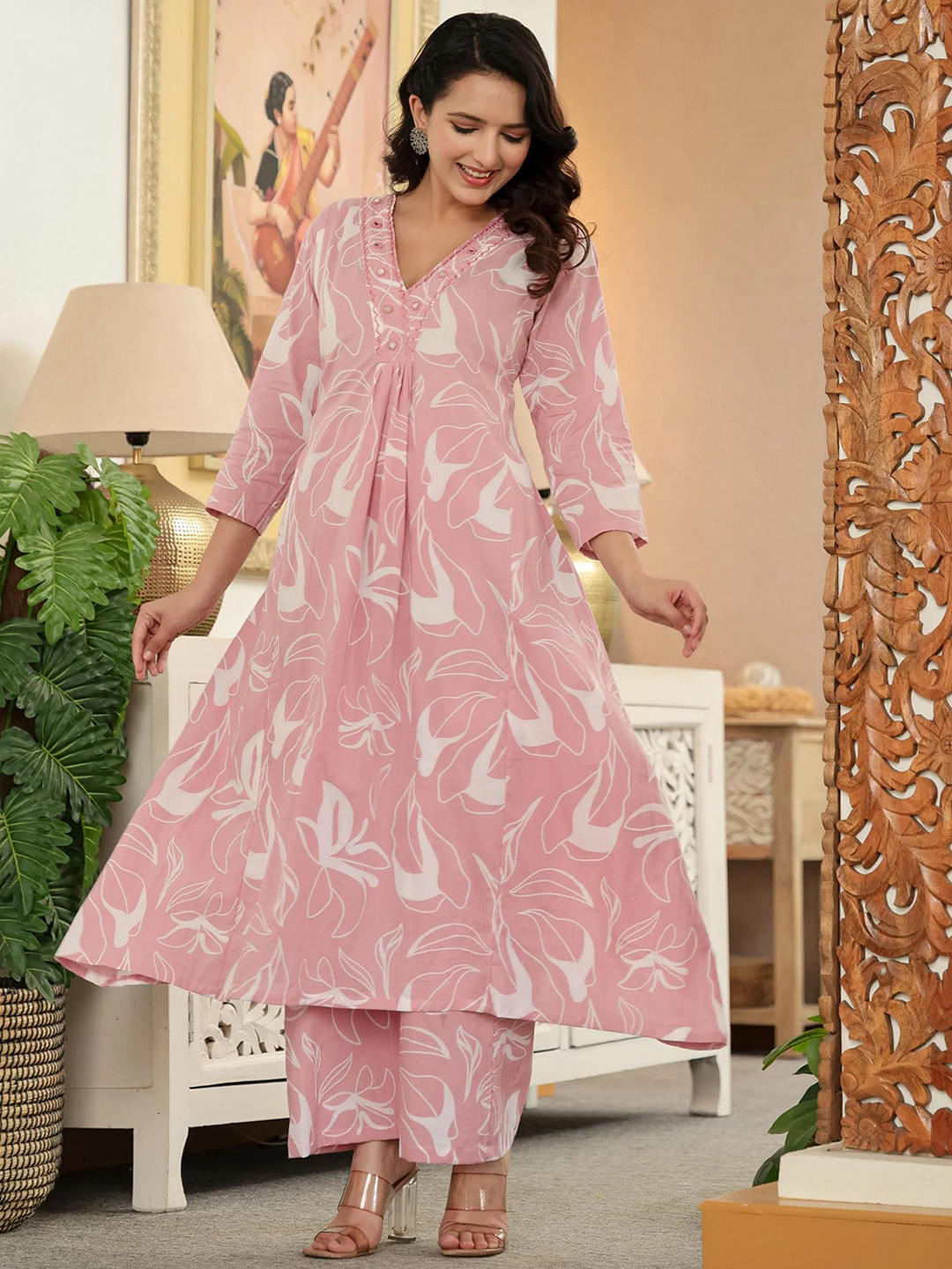 IRAYA JAIPUR Floral-Printed Cotton Tunic With Palazzo Co-Ords