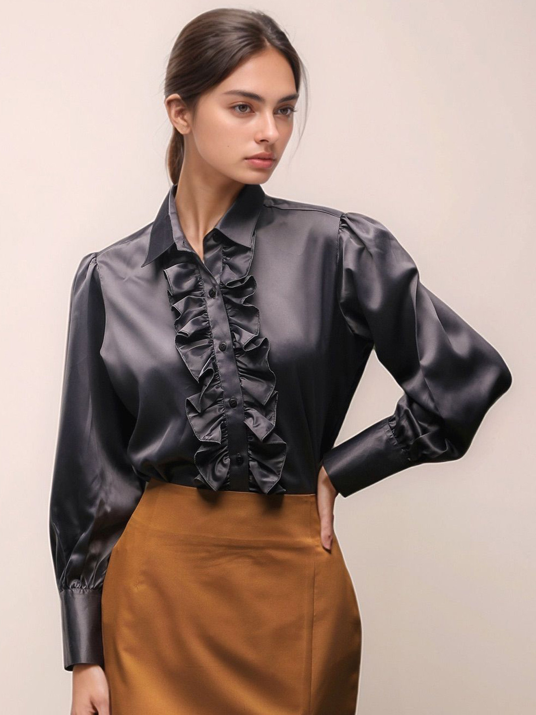 Dheeraj Sharma Women Solid Spread Collar Satin Formal Shirt