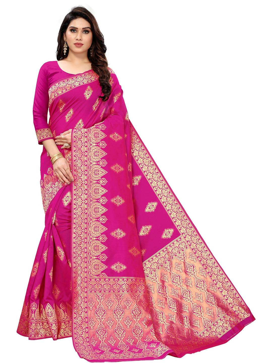 Kevami Fashion Women Rani Pink Ethnic Poly Silk Kanjeevaram Saree