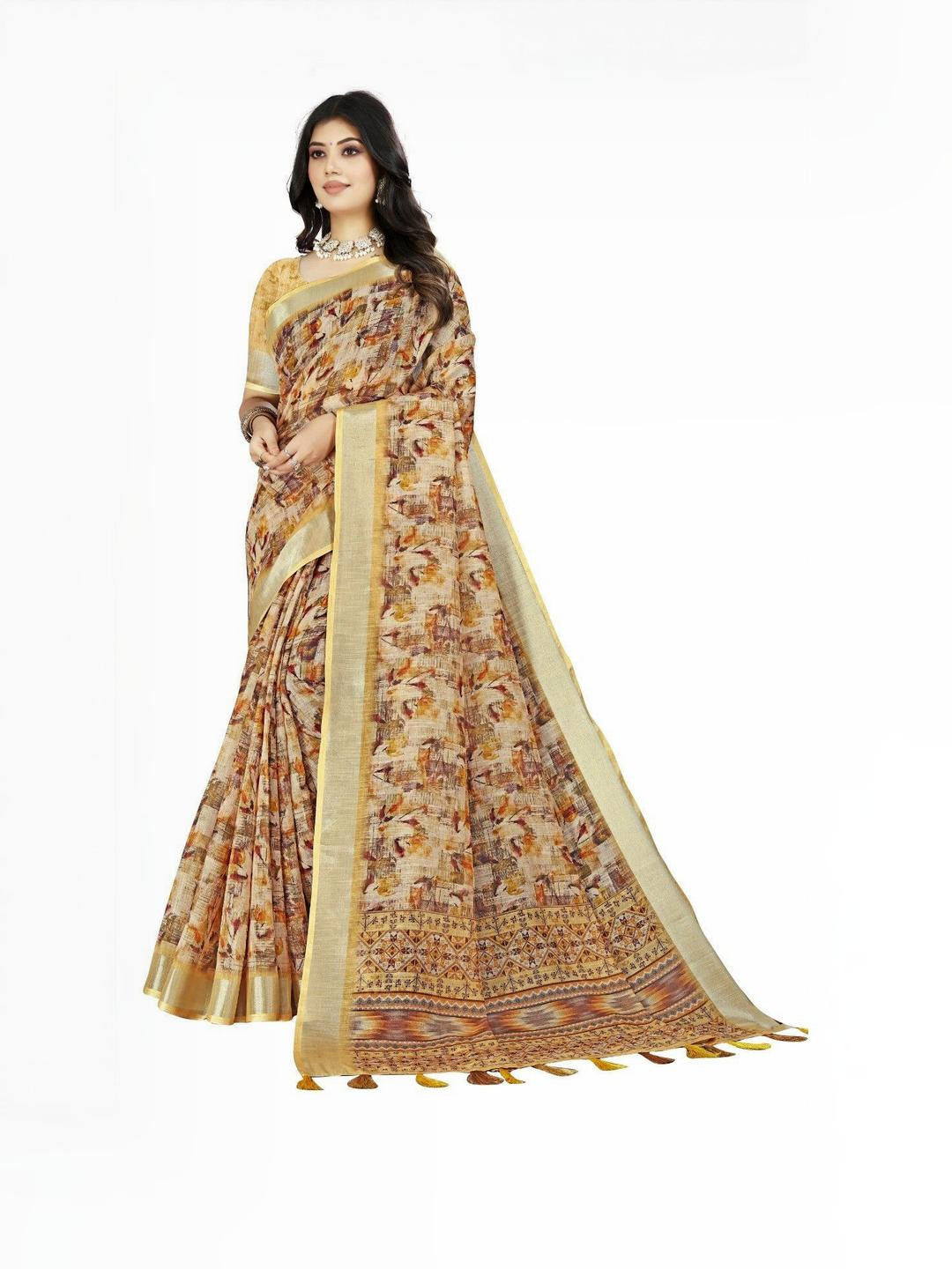 SSHAGUN LIFESTYLE Beige Floral Print Bollywood Cotton Blend Saree