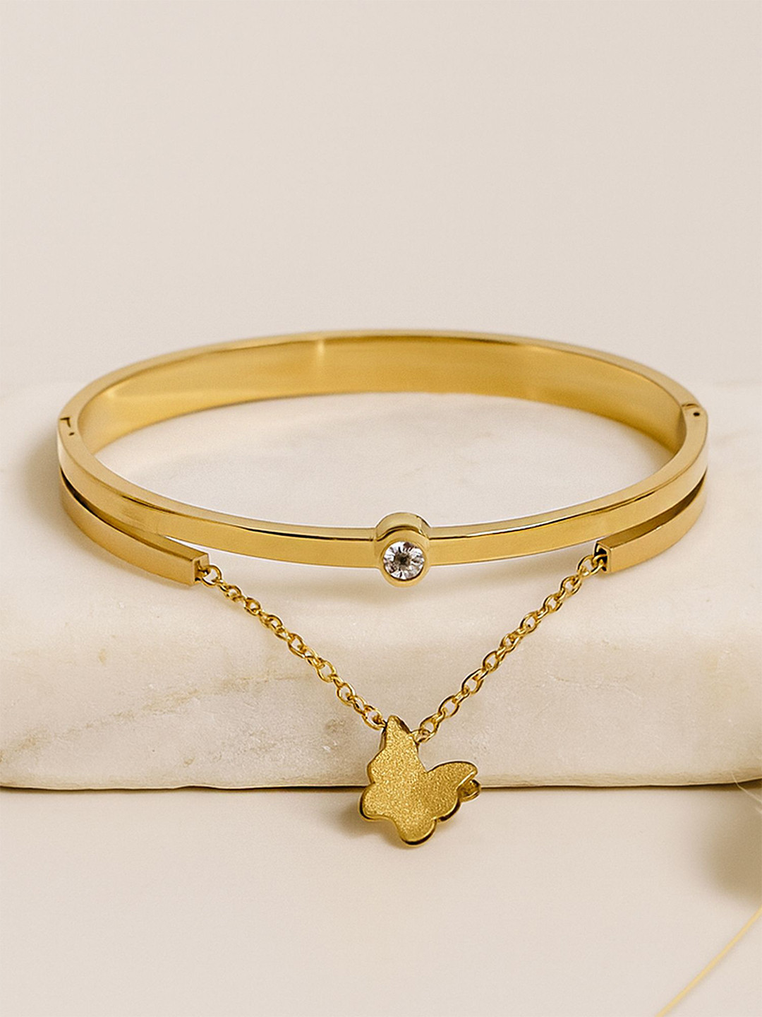 Bohey by KARATCART Gold-Plated Stones Studded Gold Butterfly Charm Bangle-Style Bracelet