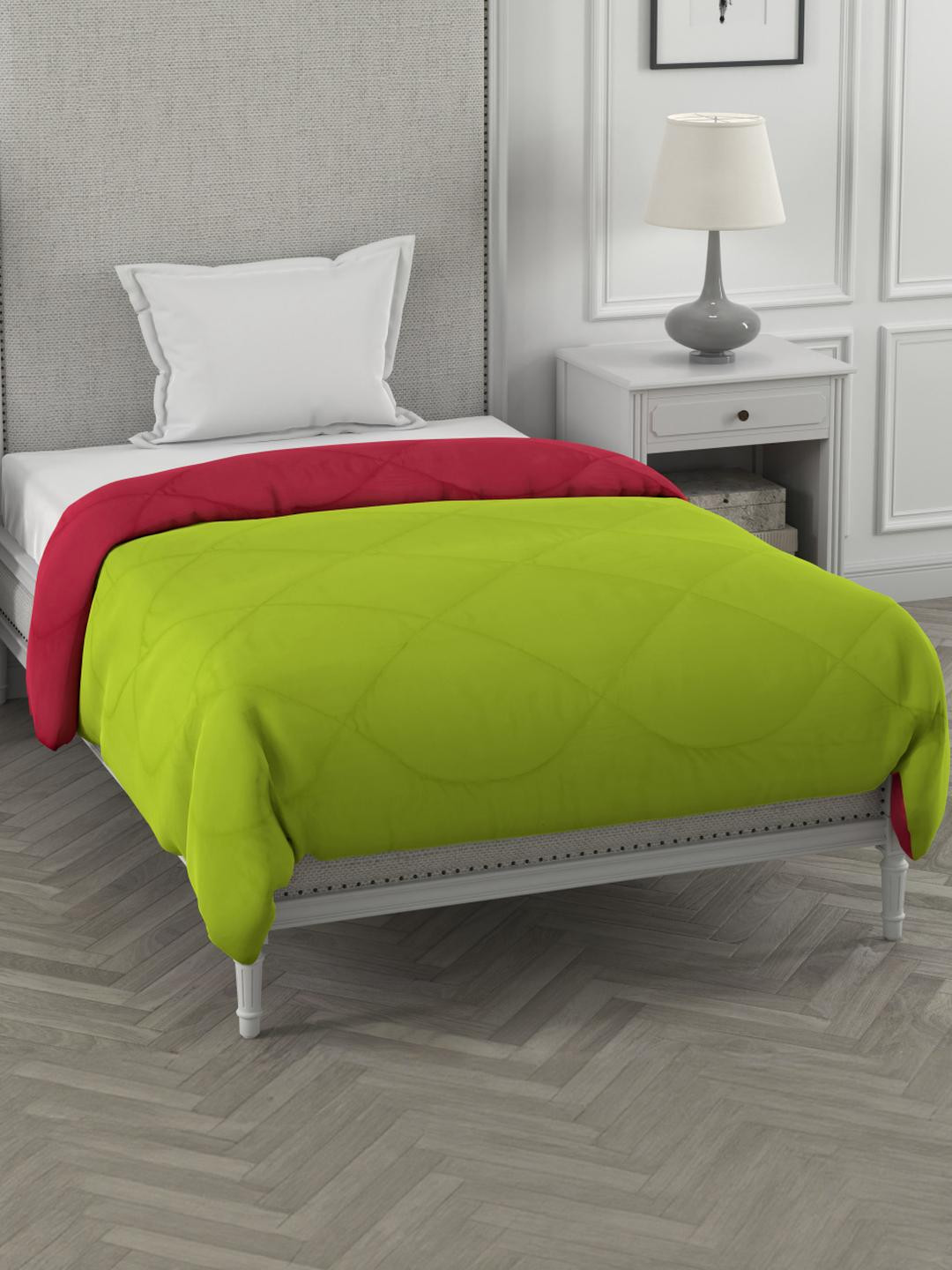 Myntra Elegant Homes Pink & Parrot Green 210 GSM Single Bed Reversible Comforter