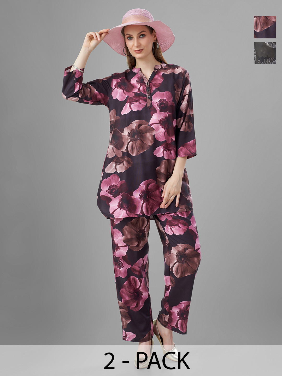 TITTLI Pack Of 2 Floral Printed Mandarin Tunic With Trousers