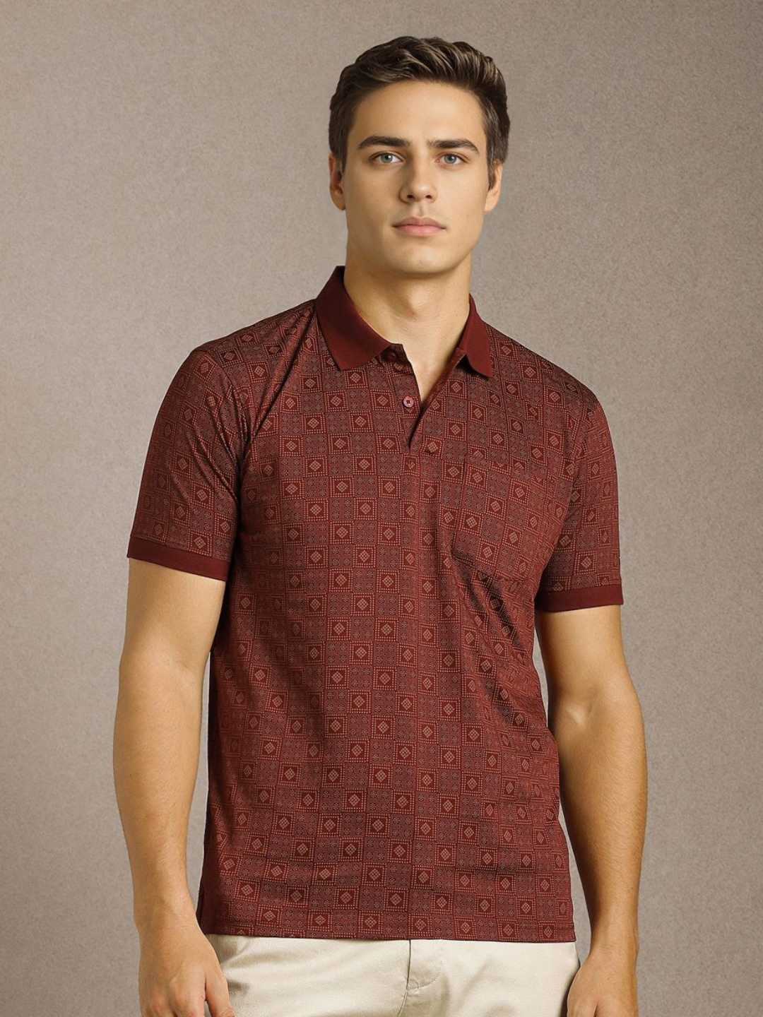 Louis Philippe Sport Men Geometric Printed Polo Collar Cotton Slim Fit T-shirt