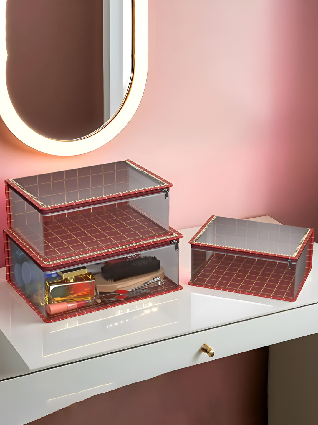 Aura Maroon & Transparent 3 Pieces Gota Check Makeup Organisers