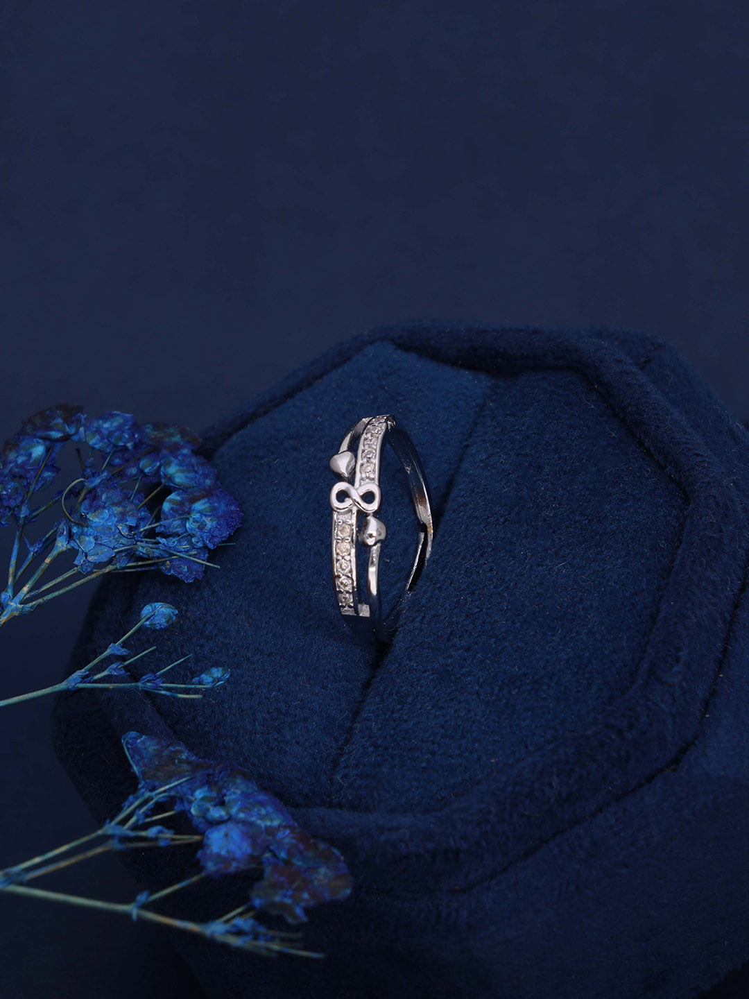 Anouk Silver-Plated Crystal Studded Dual Heart Adjustable Finger Ring