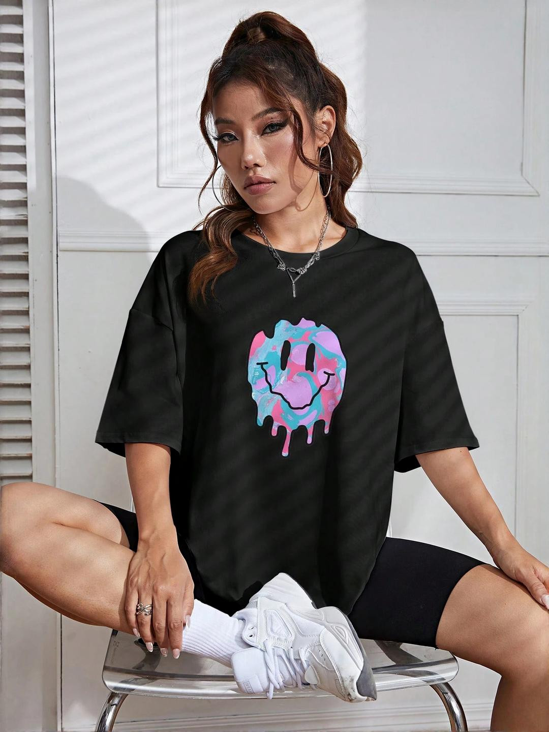 SZN Women Black Cotton Printed Tshirts