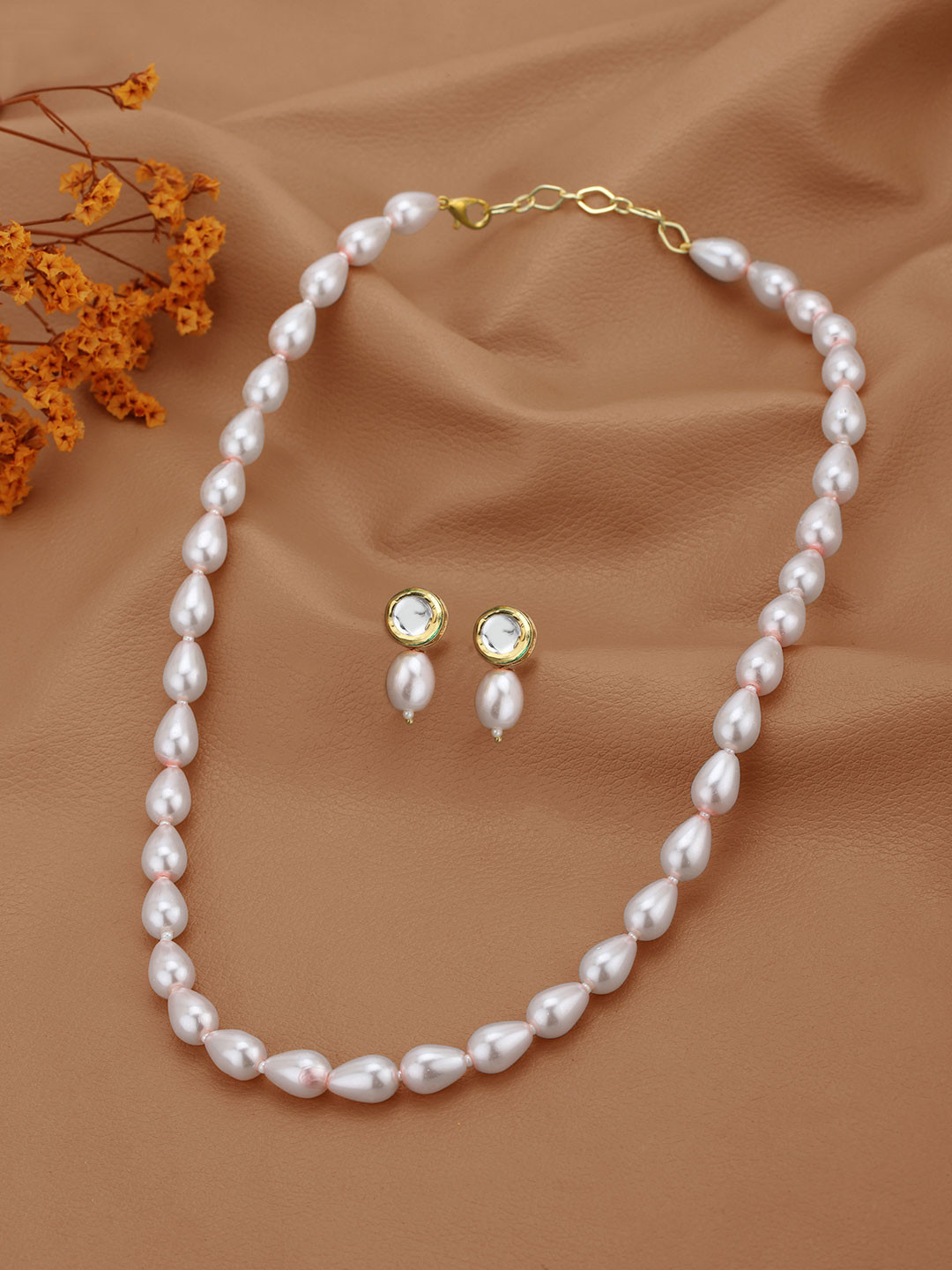 Carlton London Gold Plated BabyPink Freshwater Pearl Beaded Jewellery Set