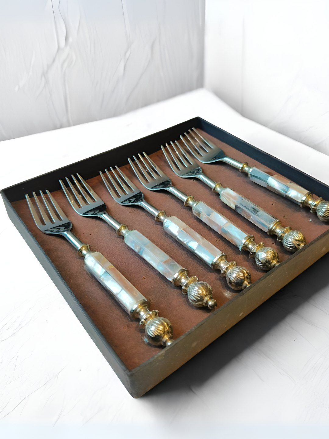 THE HOME CO. Set Of 6 Brown & Grey Stainless Steel Mother Of Pearl Cutlery Set