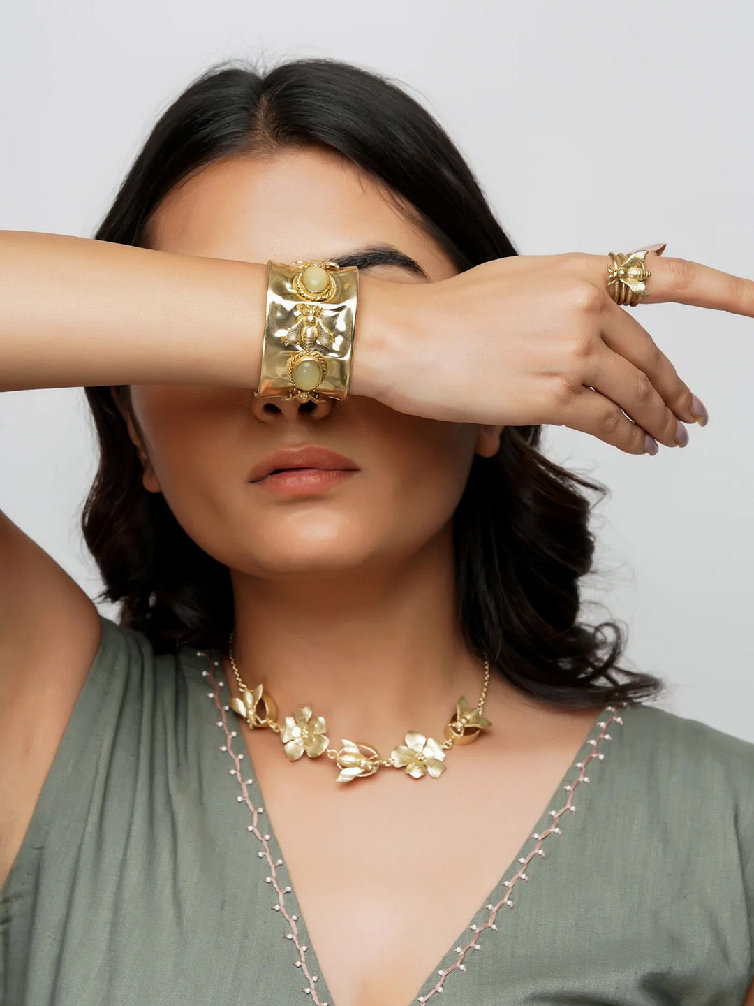 BaalaJewels Gold-Plated Artificial Stones Studded Cuff Bracelet