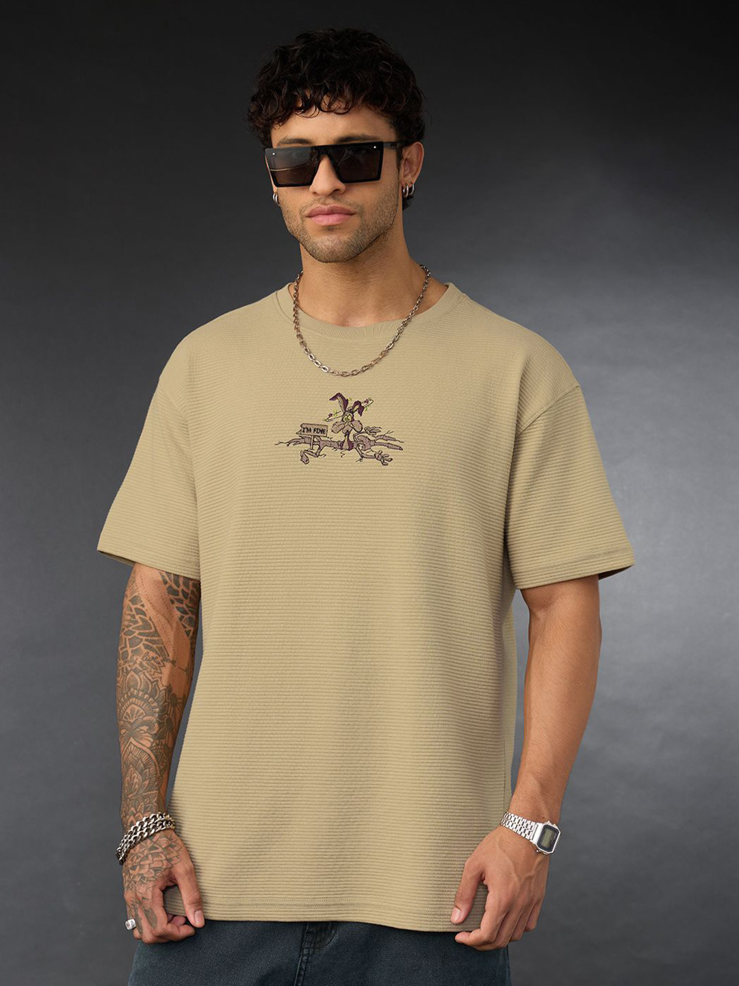 The Souled Store Oversized Looney Tunes I'm Fine Embroidered T-Shirt