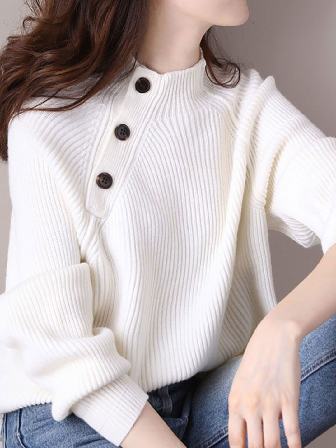 Mast & Harbour Women Ribbed Turtle Neck Button Detail Pullover