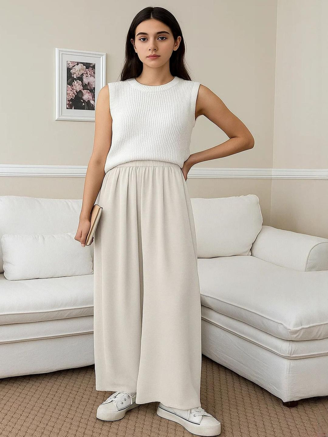 Kotty Women Solid High-Rise Flowy Pants with Elasticated Waist