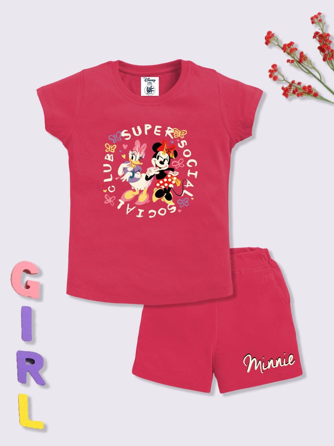 YK Disney Girls Cotton Minnie Mouse & Daisy Duck Printed T-shirt with Shorts