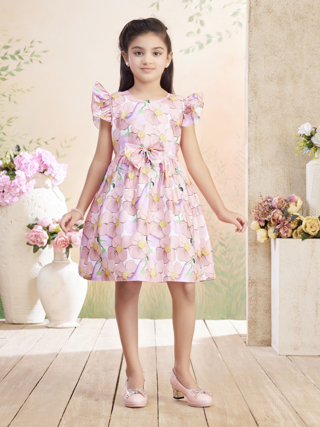 Aarika Girls Floral Print Flutter Sleeve Bow Details Fit & Flare Dress