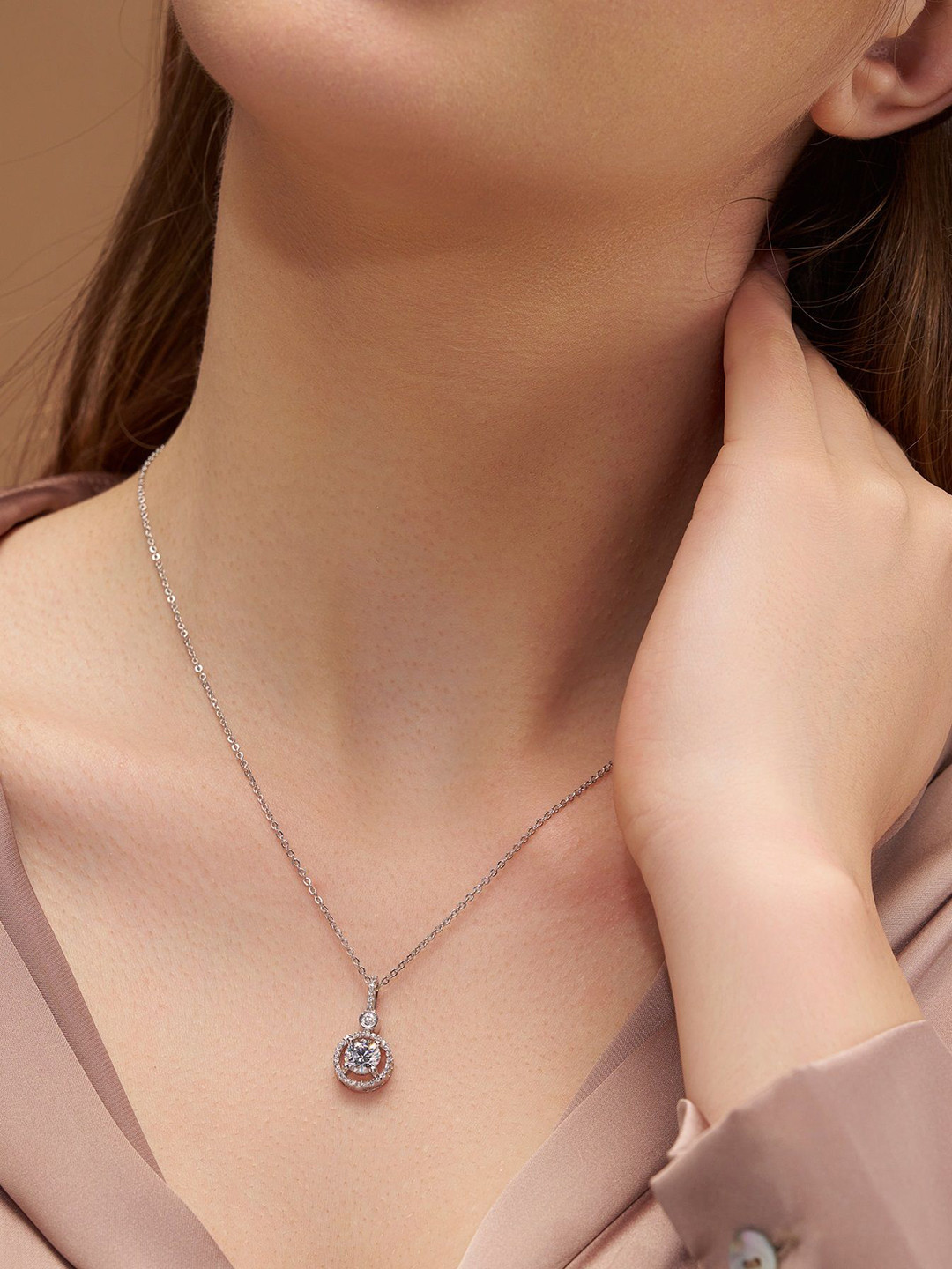 KYMEE Sterling Silver 18K Gold Vermeil Circular Zircon Studded Pendant with Chain