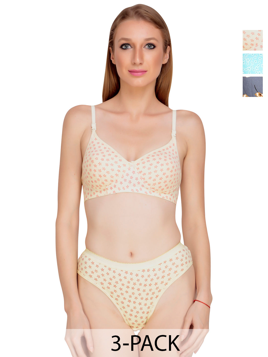 Liigne Pack Of 3 Star Printed Everyday Padded Bra Pure Cotton Lingerie Sets