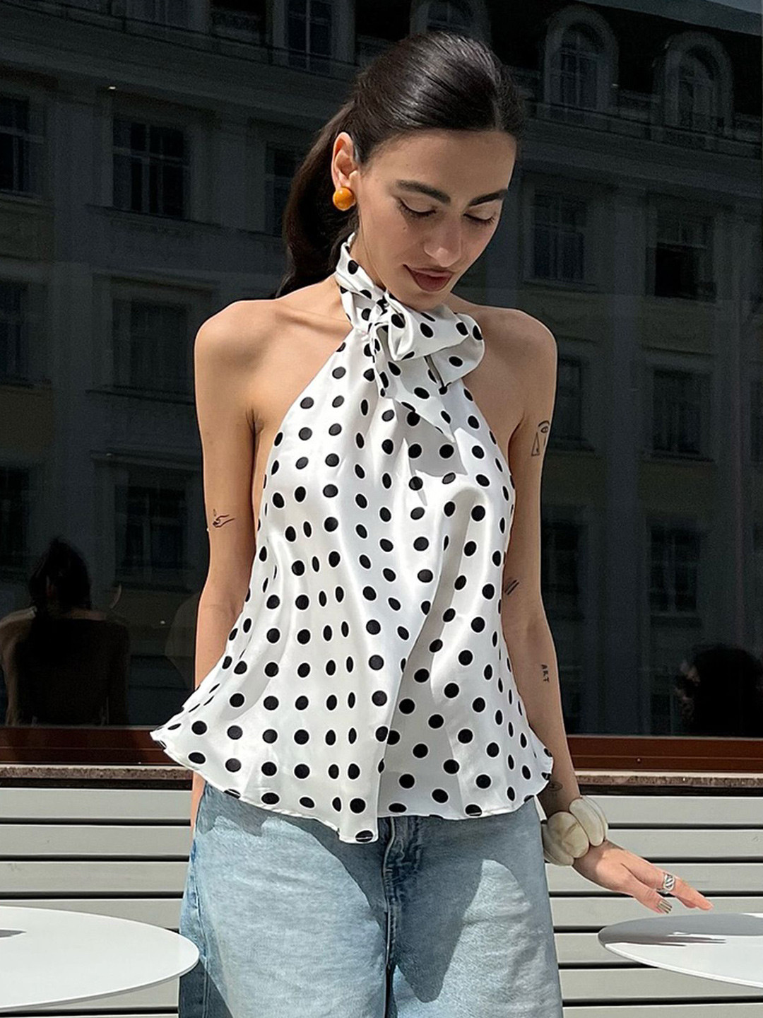StyleCast x Revolte Women Polka Dot Printed Tie-Up Neck Styled Back Top