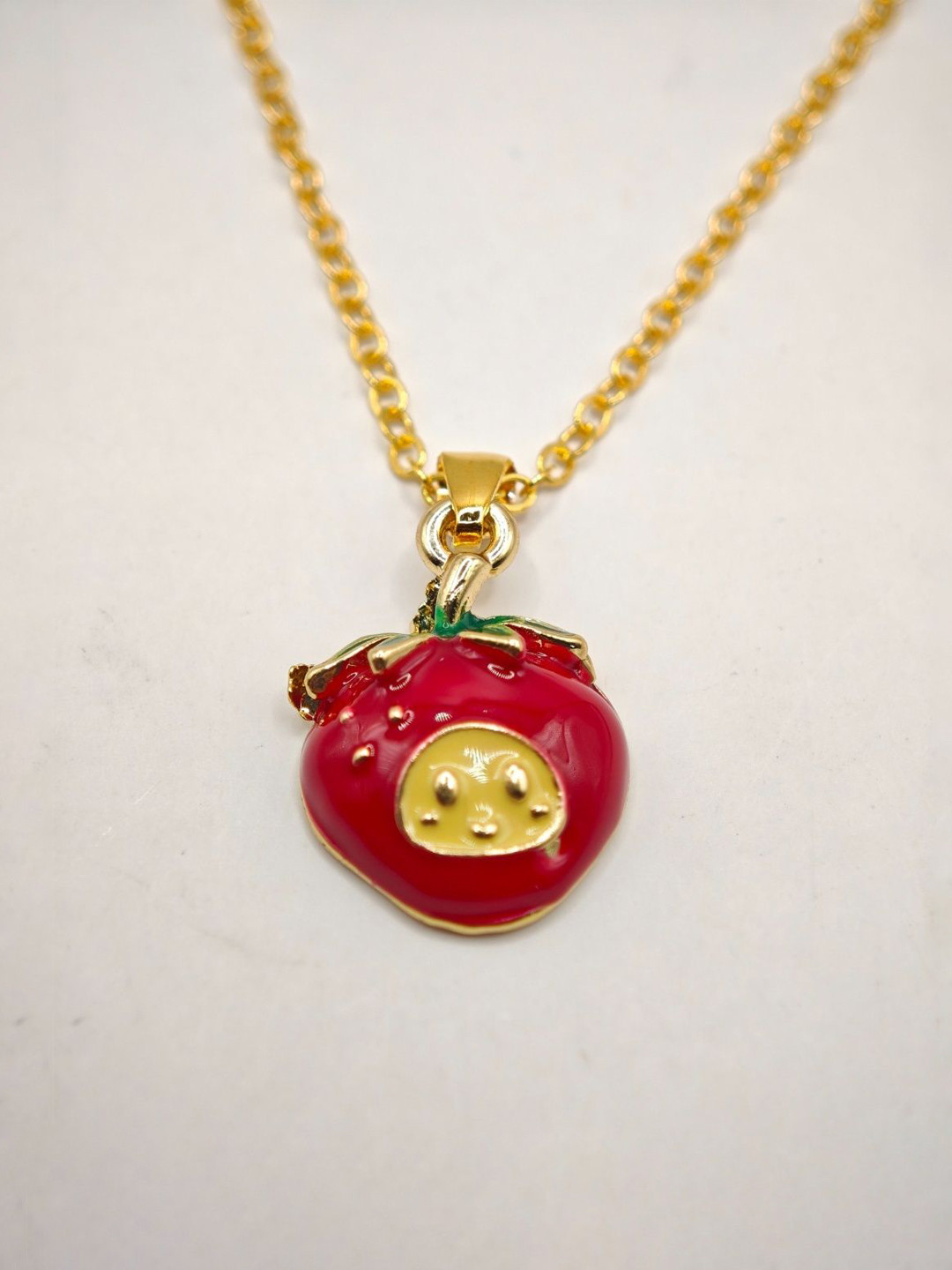 SAPRAA TRENDS Gold-Plated Resin Quirky Anti Tarnish Cherry Red Enamelled Pendant & Chain