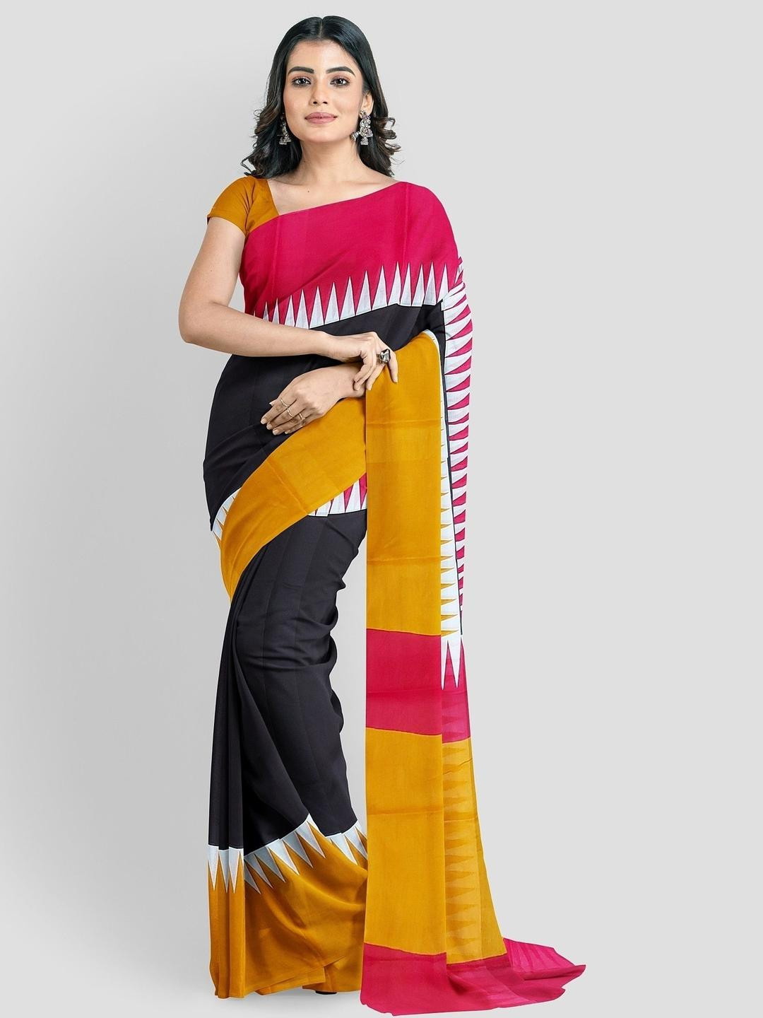 Dastkar Ikat Colourblocked Pure Cotton Ikat Sarees With Blouse