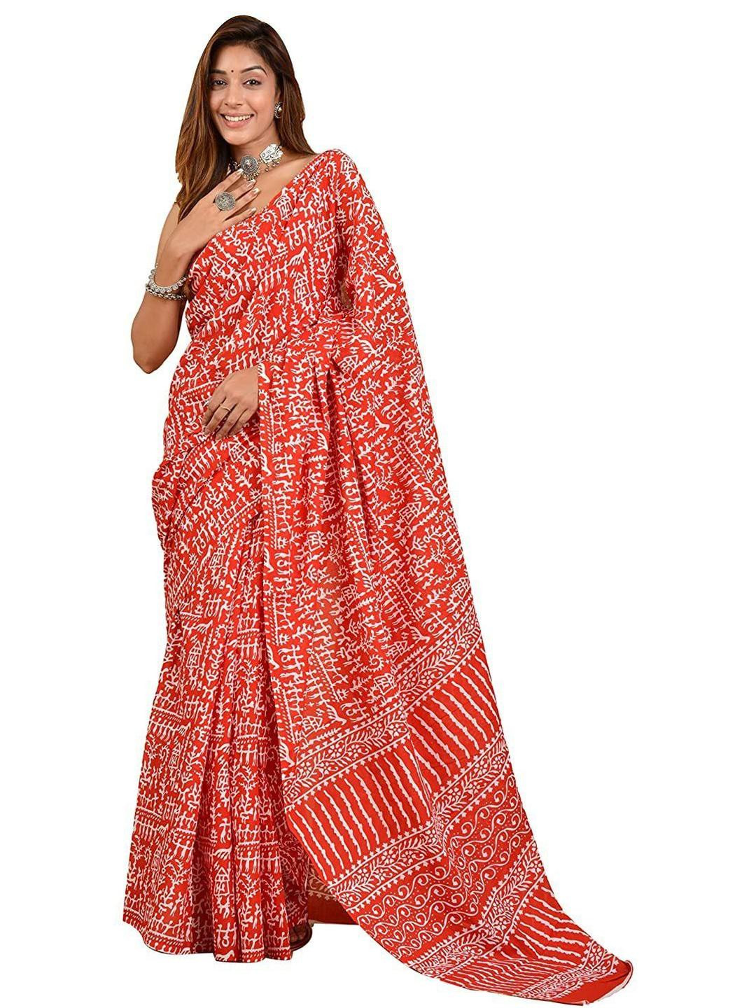 Dastkar Tribal Printed Pure Cotton Block Print Saree With Blouse