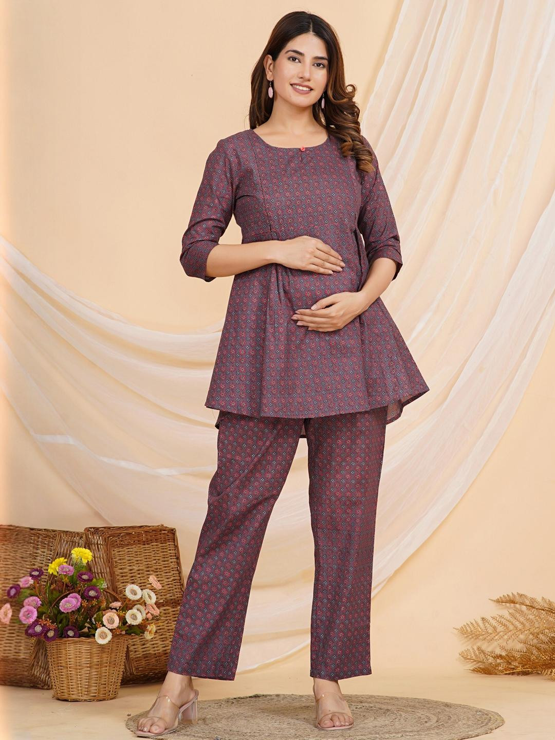 SAME FIT Women Maroon Printed Cotton Tunic & Trousers Co-Ord Set