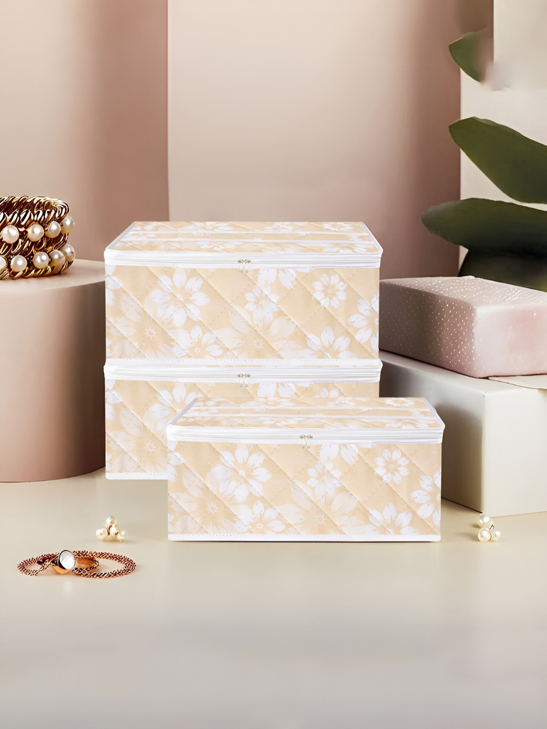 Aura Gold-Toned & White 3 Pieces Flower Printed Jewellery Organisers