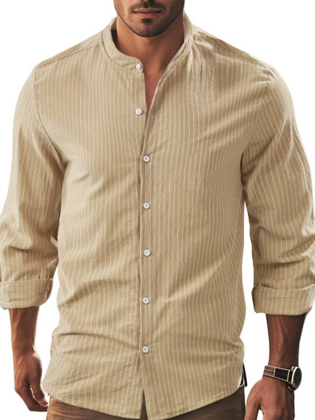Men's Regular Fit Khaki Pinstripes Casual Shirt