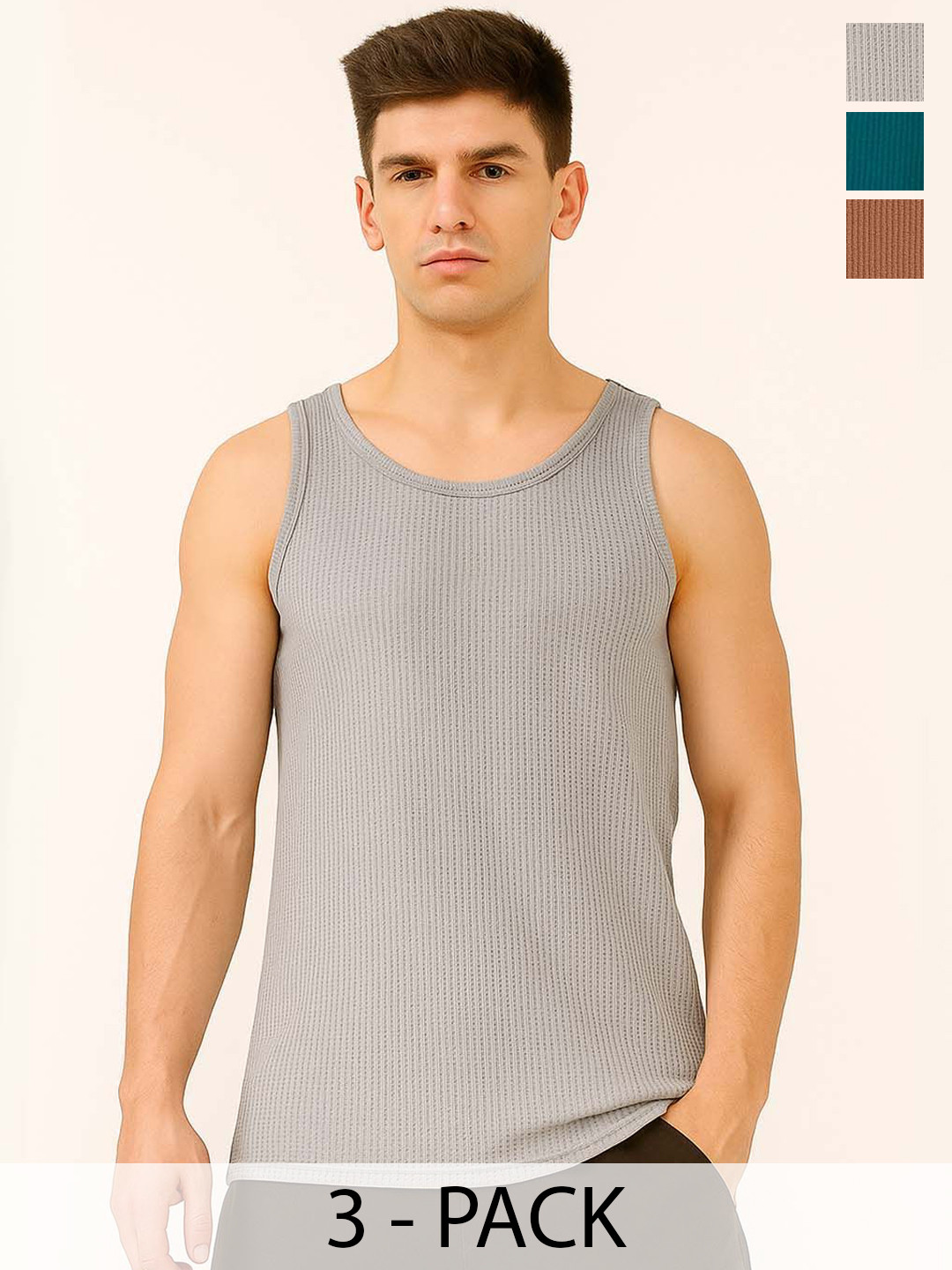 Organic Chics Men Pack Of 3 Waffle Textured Basic Vests