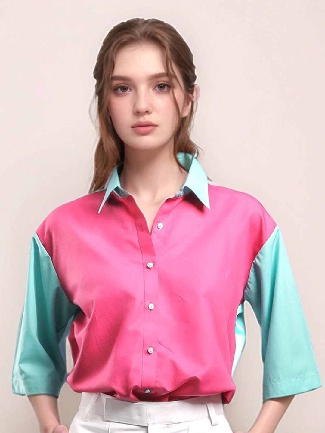 Dheeraj Sharma Women Colourblocked Spread Collar Cotton Casual Shirt