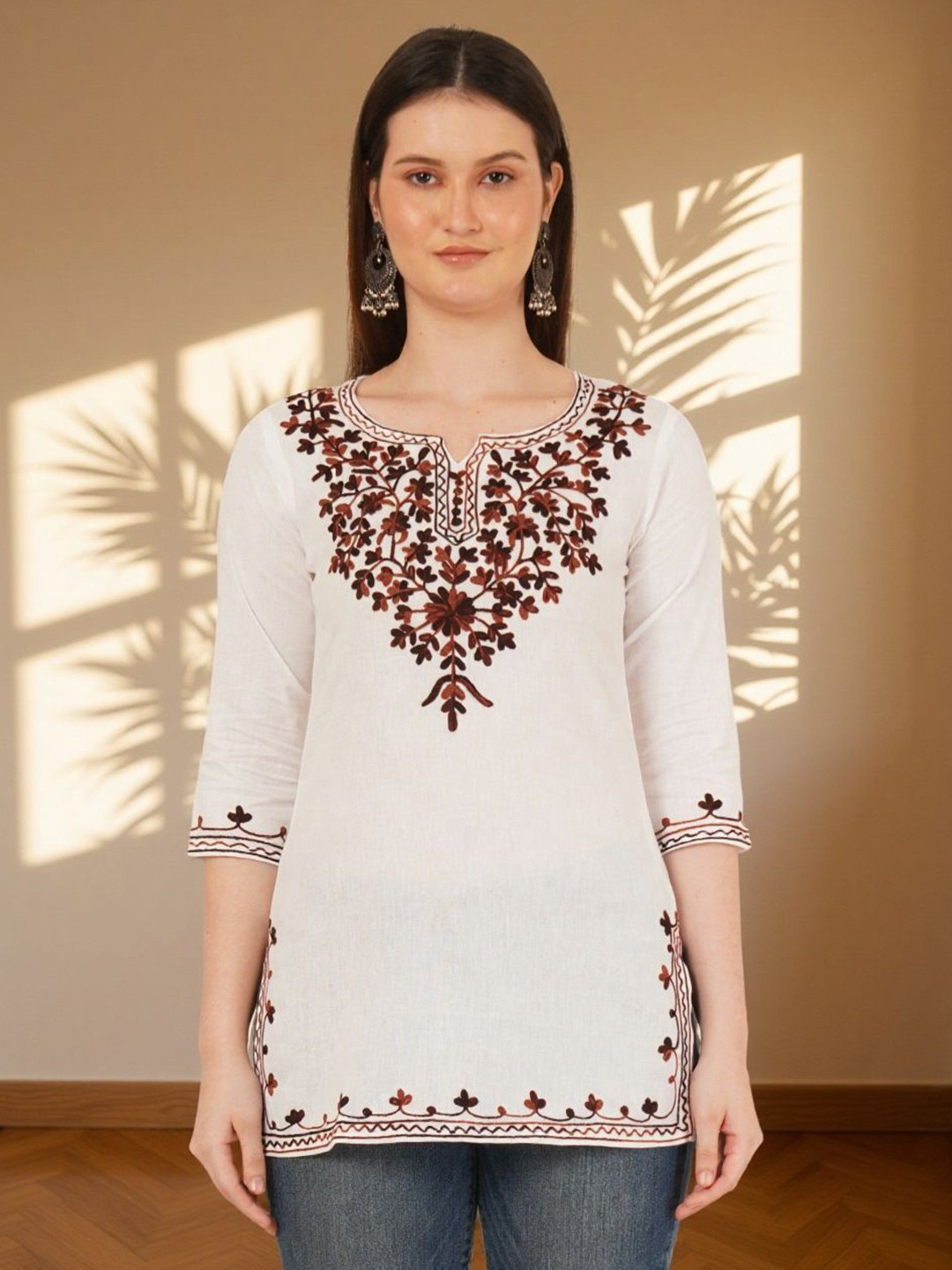 Brownverse Women Ethnic Motifs Embroidered V-Neck A-Line Regular Khadi Kurti