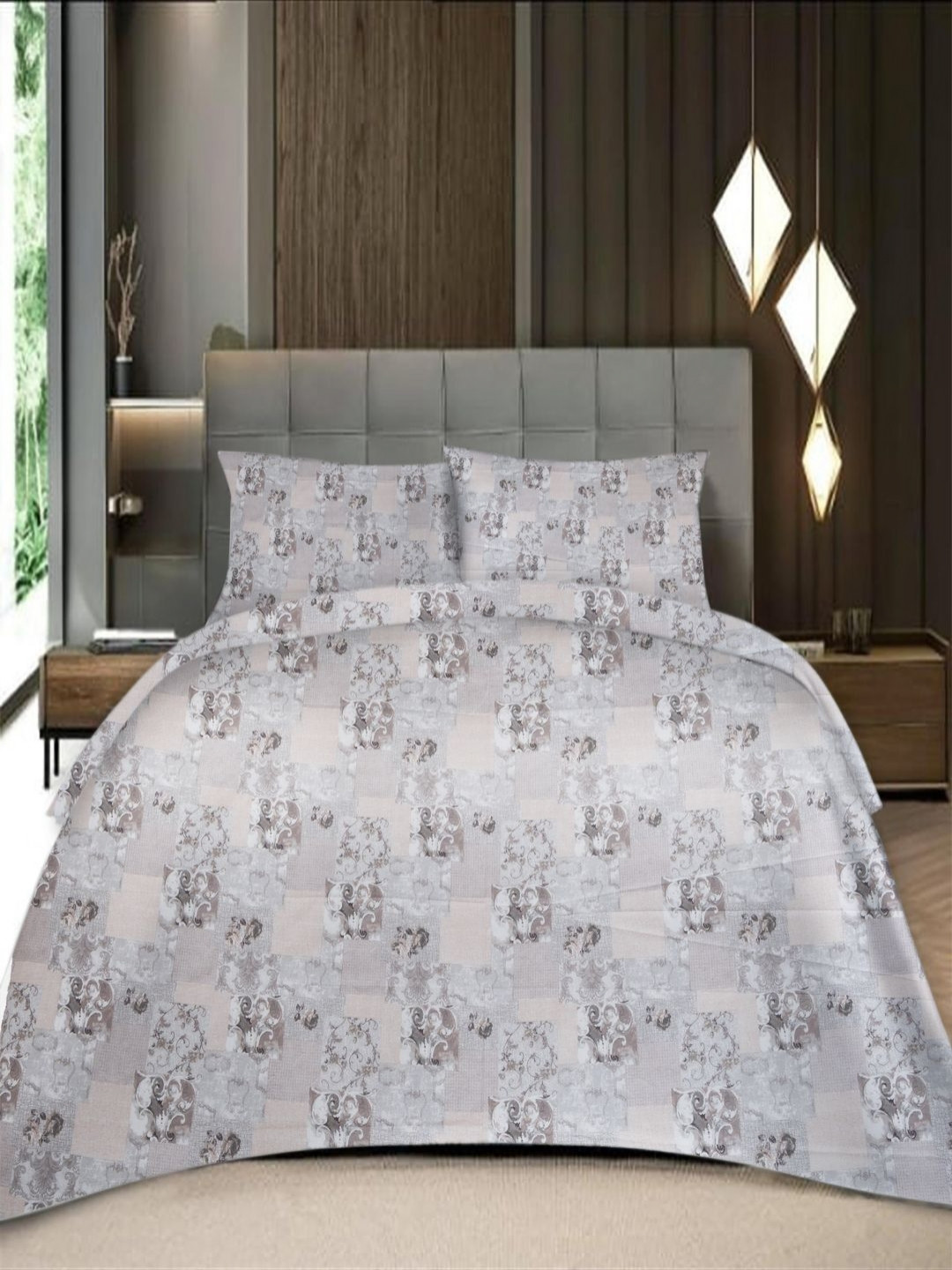 Threadwear Grey Floral Printed 400 TC Pure Cotton King Bedsheet Set 2.75 m x 2.75 m