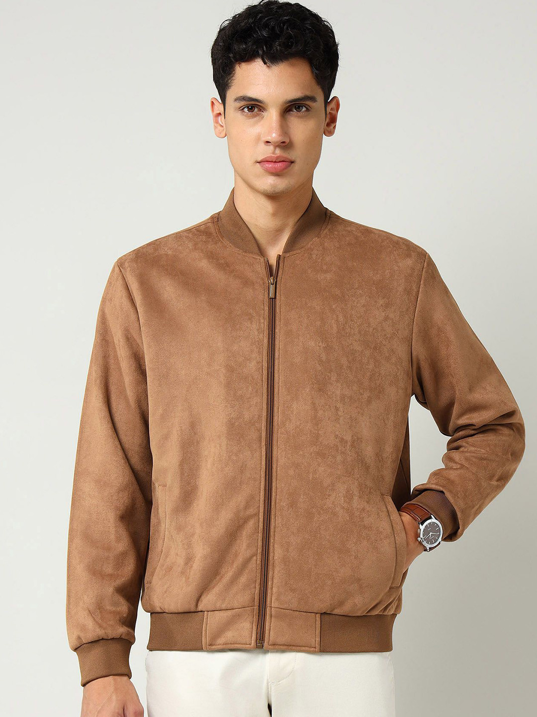 AD By Arvind Men Stand Collar Solid Casual Bomber Jacket