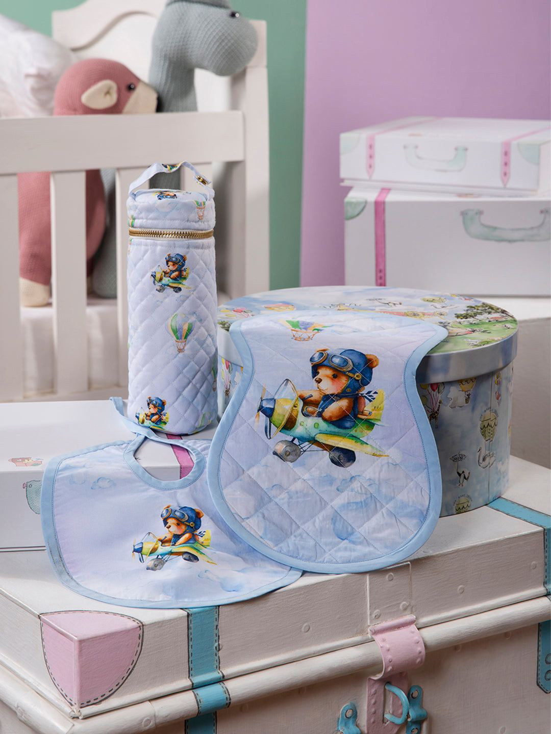 THE BABY TRUNK Infant Pack of 3 Large Teddy's Print Egyptian Cotton Baby Feed Set