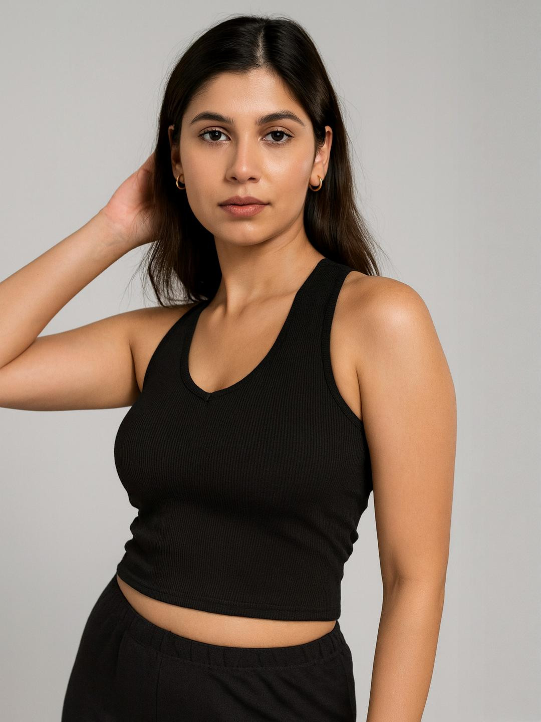 Calm Down Women Black Sleeveless Crepe Ribbed Crop Top