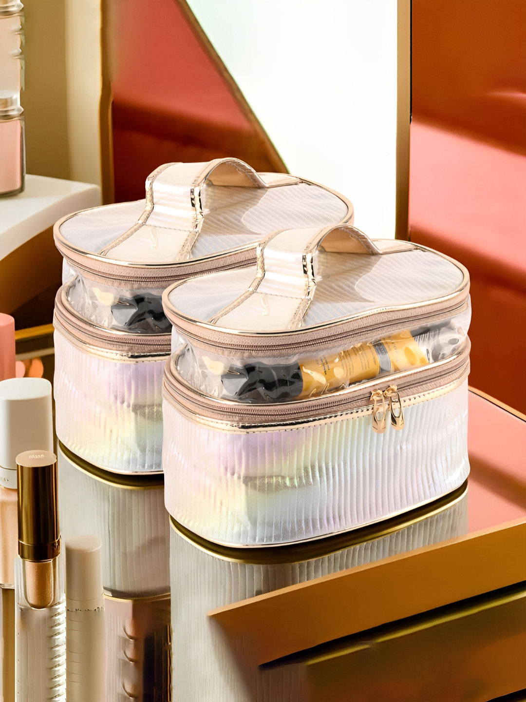 Aura Gold-Toned 2 Pieces Rainbow Oval Design Dual Layer Makeup Organisers