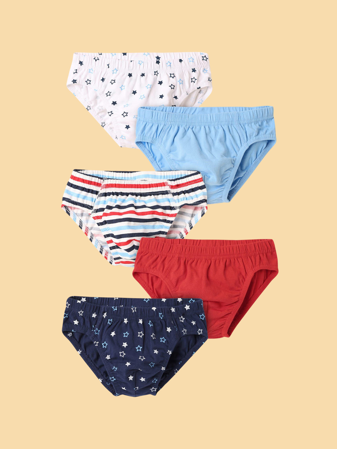 Honeyhap Boys Pack Of 5 Printed & Striped Pure Cotton Mid-Rise Basic Briefs 20091684