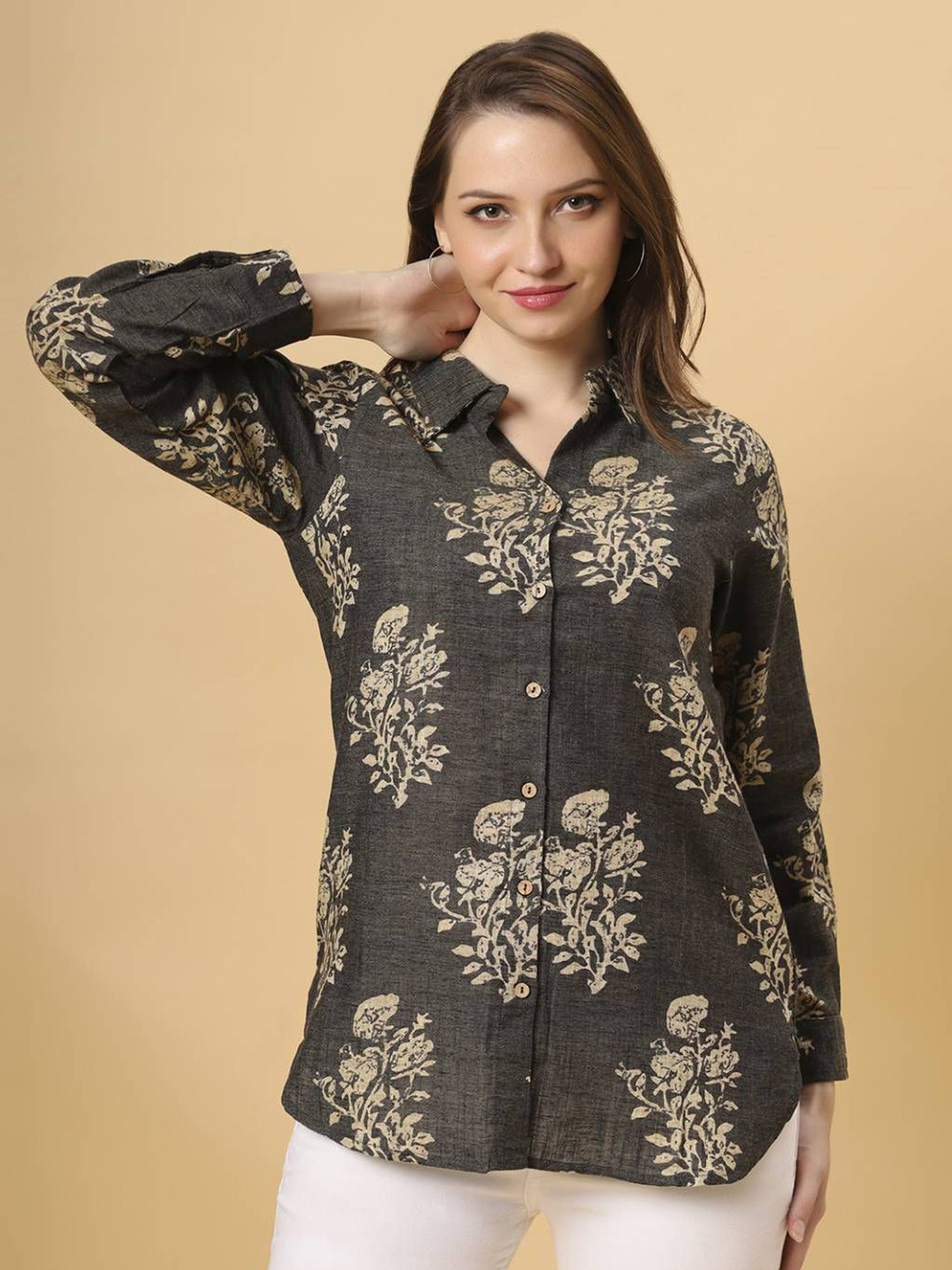 SANAA Women Ethnic Motifs Printed Shirt Collar Curved Hem Kurti