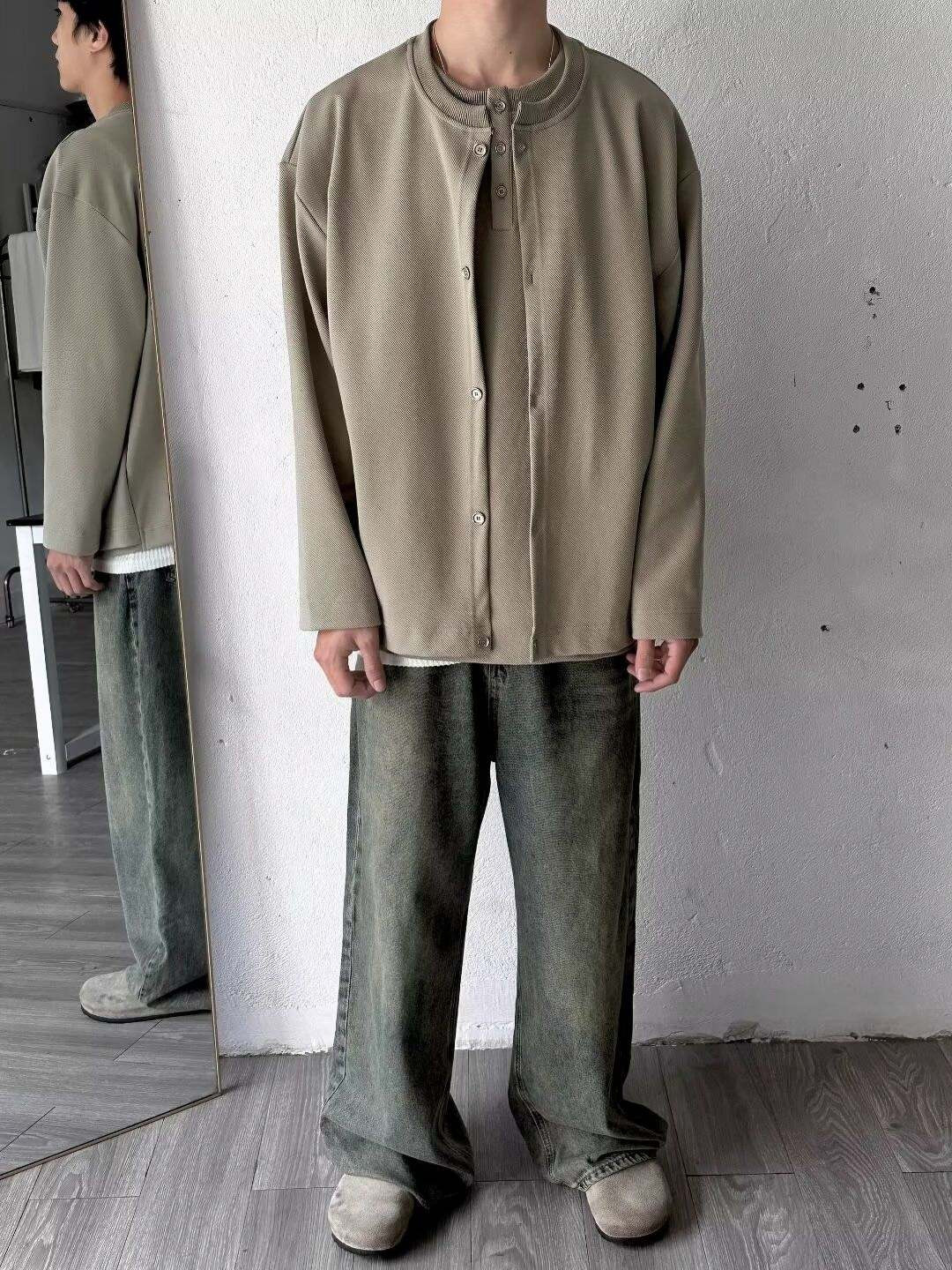 Khaki Oversized Round Neck T-shirt with Button Closure