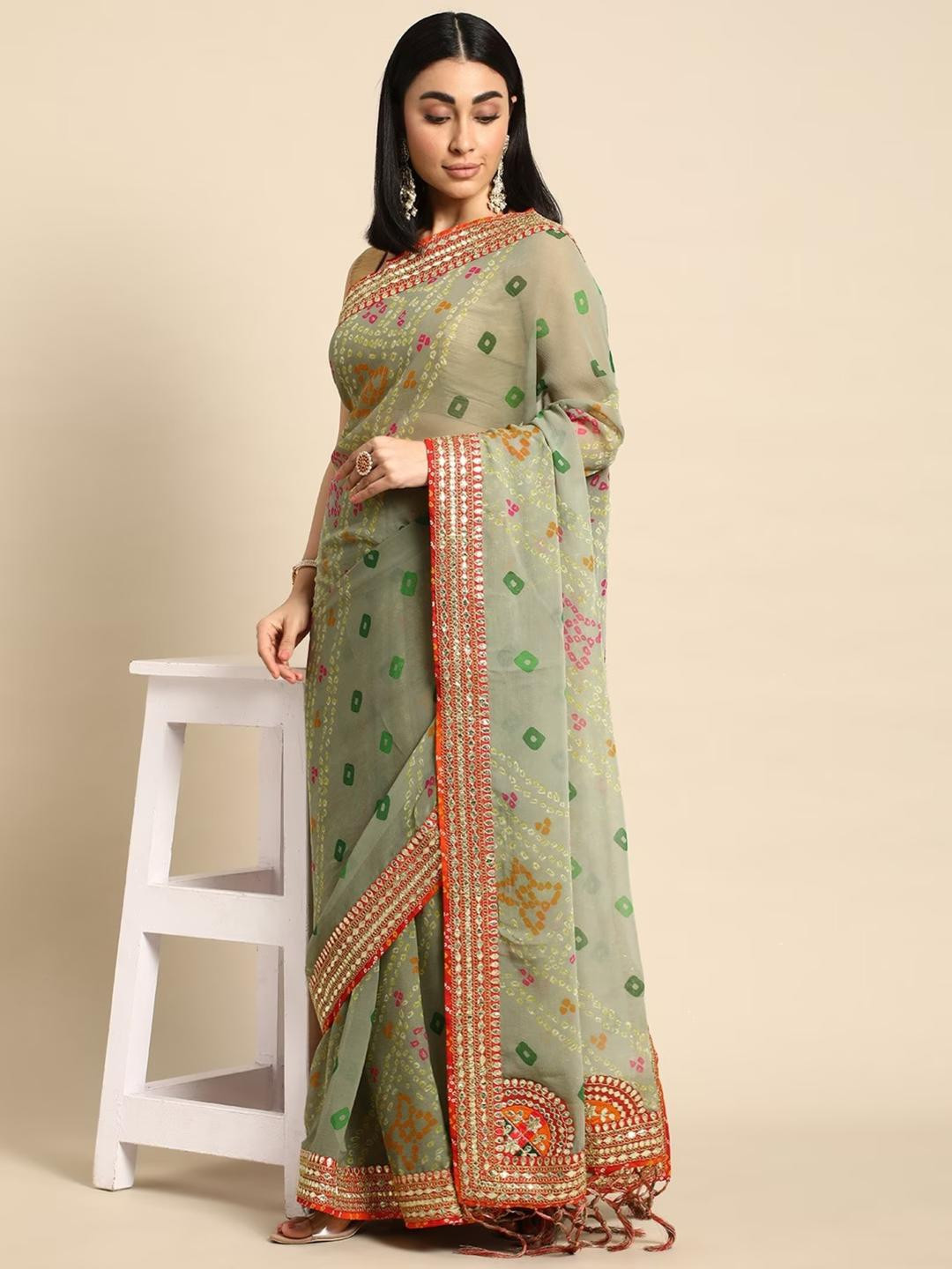 KALINI Green Poly Georgette Bandhani Sarees