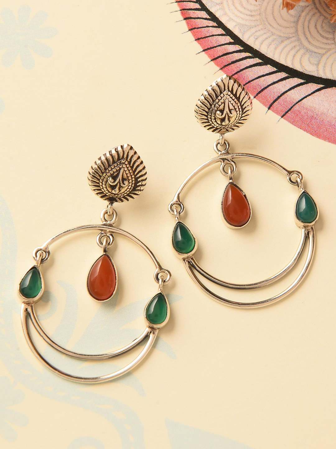 JAYPORE Silver Onyx Studded Teardrop Shaped Drop Earrings