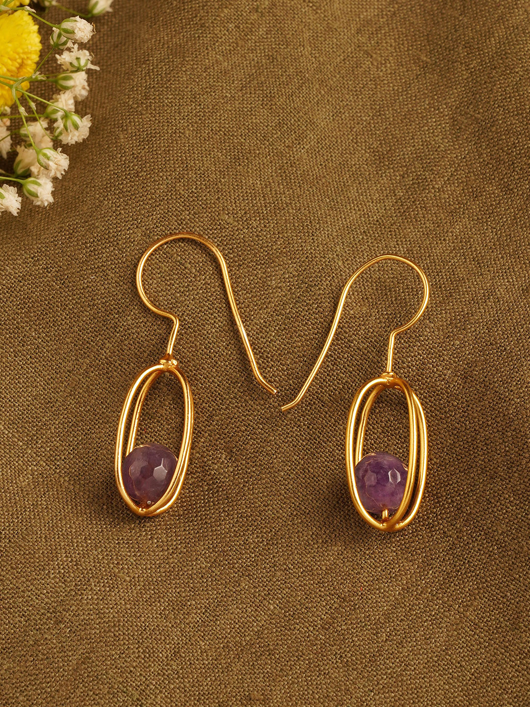 JAYPORE Silver Gold-Plated Amethyst Beaded Spherical Shaped Drop Earrings