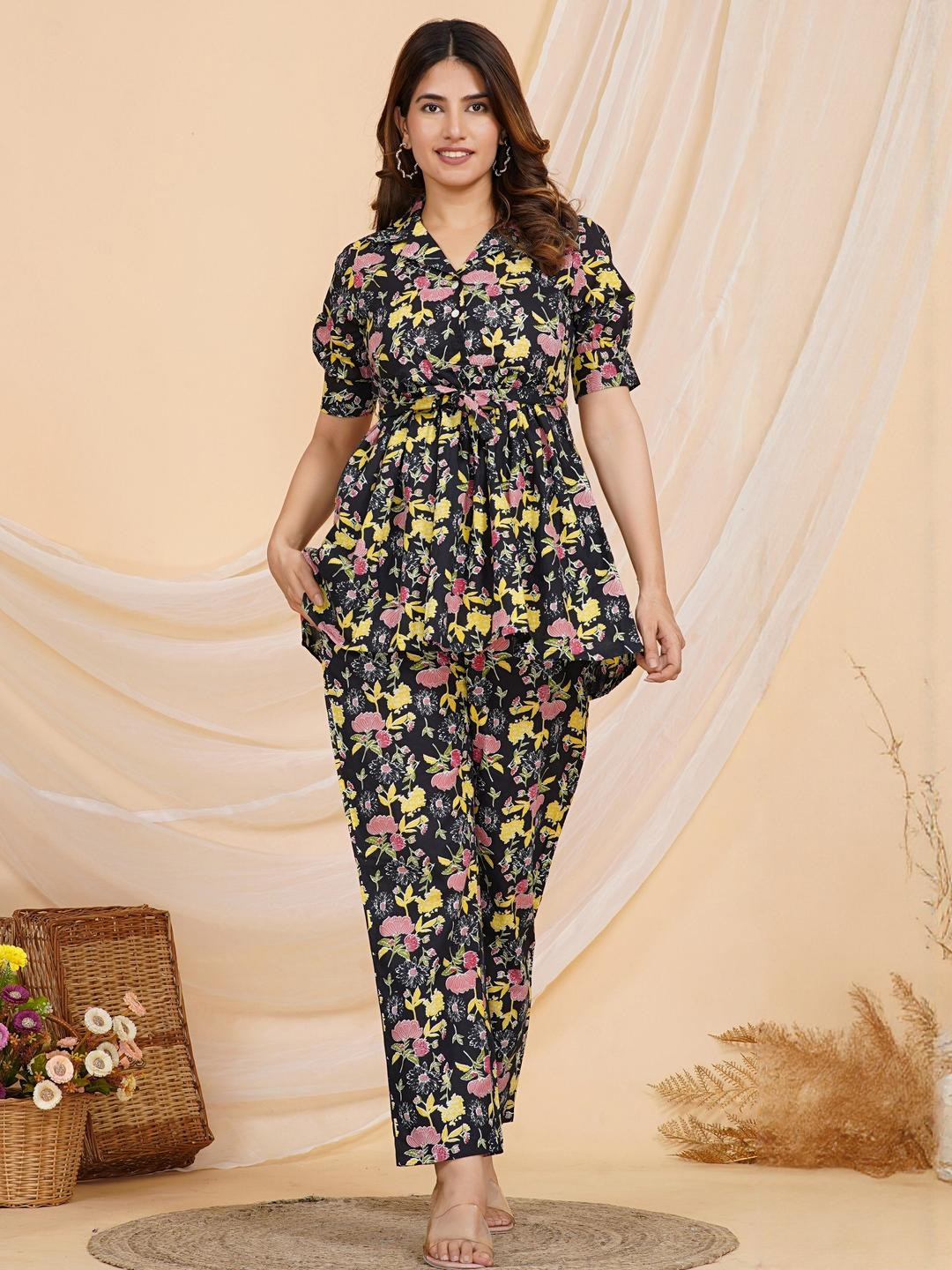 SAME FIT Women Shirt Collar Printed Pure Cotton Tunic & Trousers Co-Ord Set