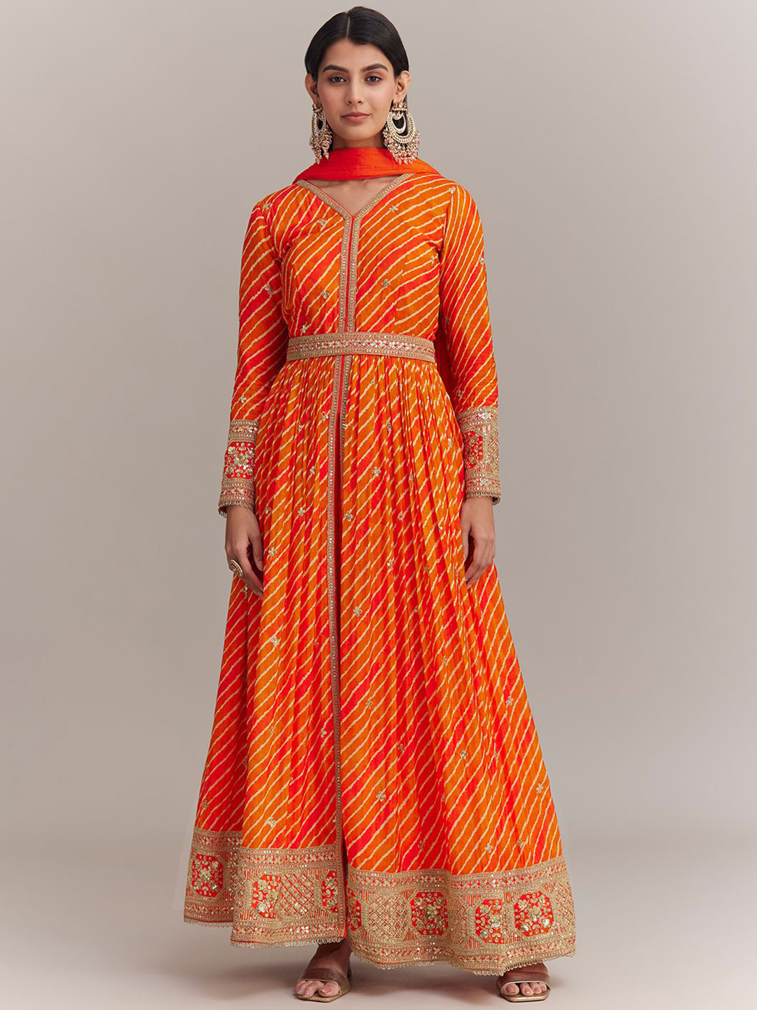 KALKI Fashion Women Lehriya Self Design Angrakha Kurta with Trousers & Dupatta
