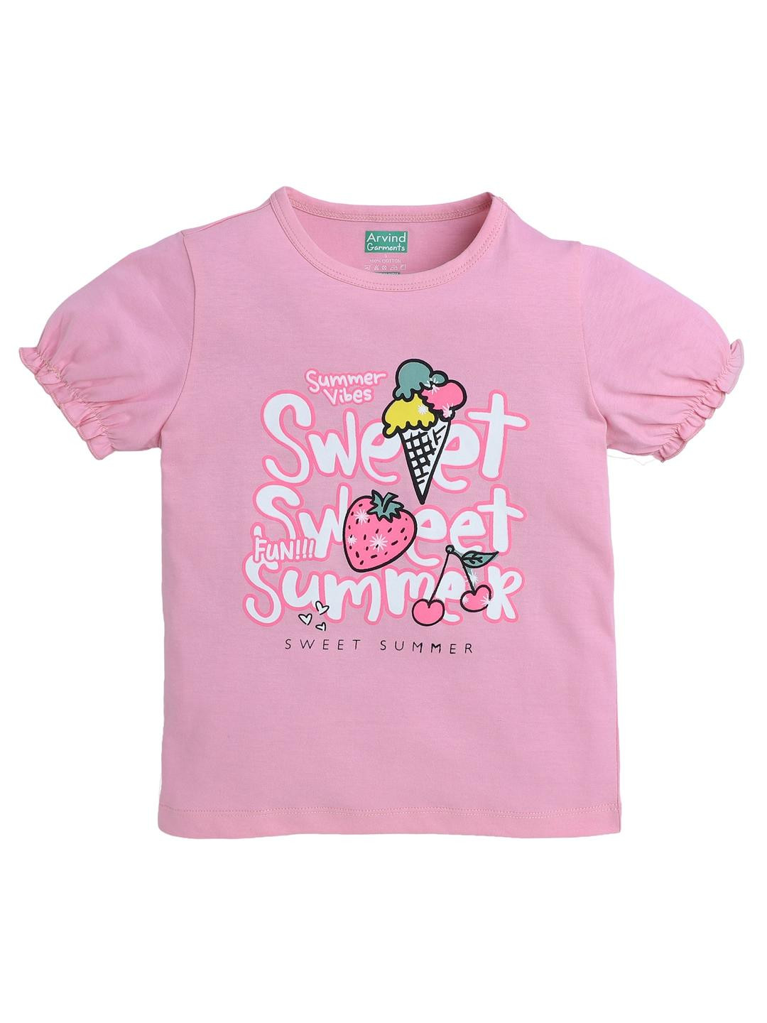 Arvind Garments Girls Printed Half Sleeve Round Neck Pink T-shirt