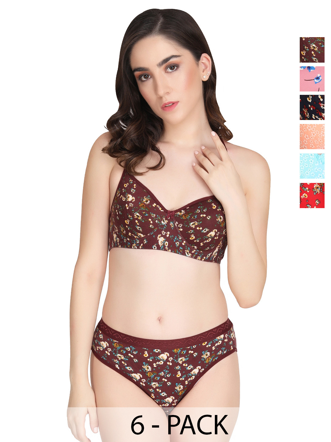 Liigne Pack Of 6 Printed Padded Bra Pure Cotton Lingerie Set