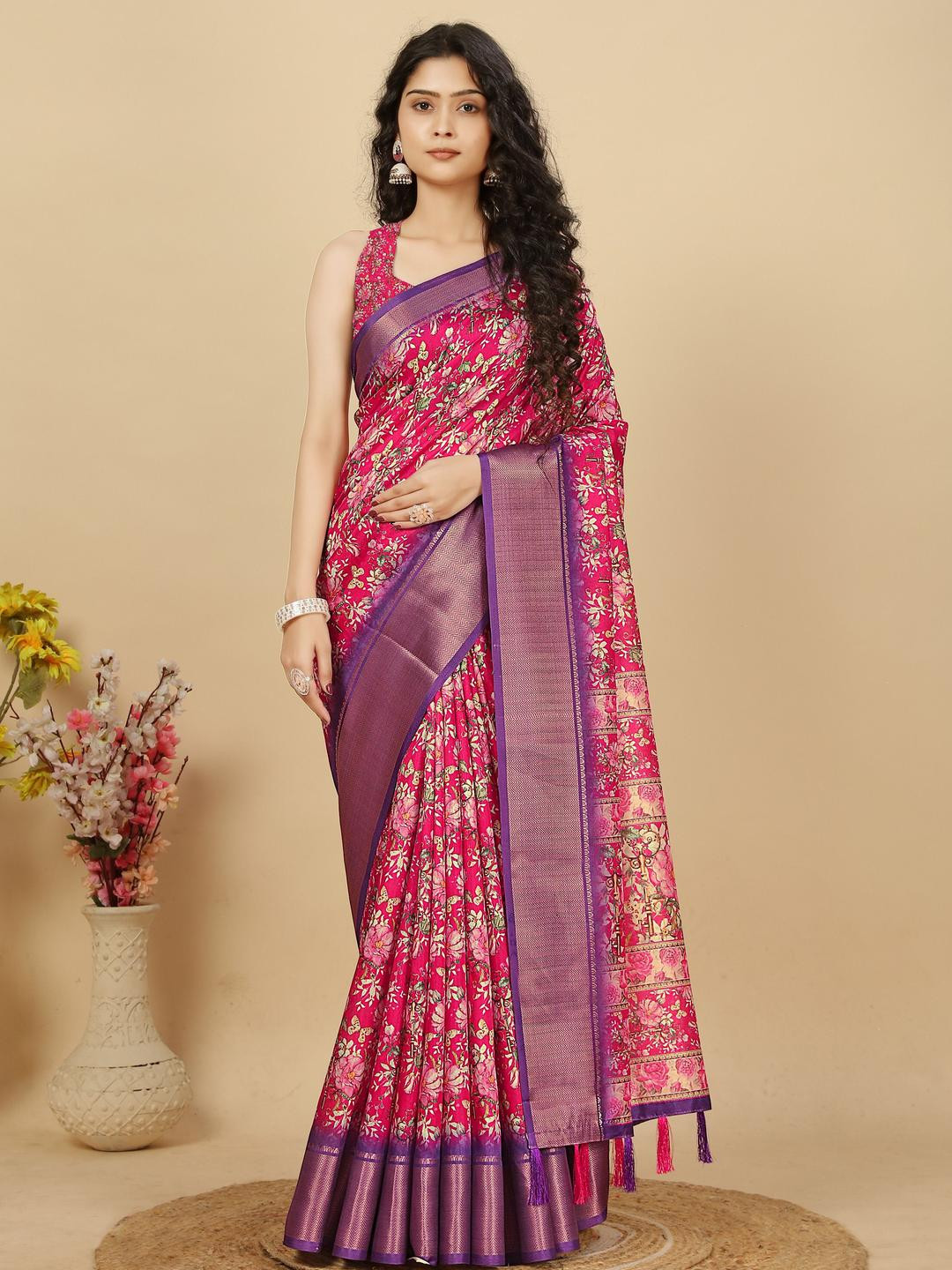 SSHAGUN LIFESTYLE Floral Printed Woven Design Border Saree with Blouse Piece