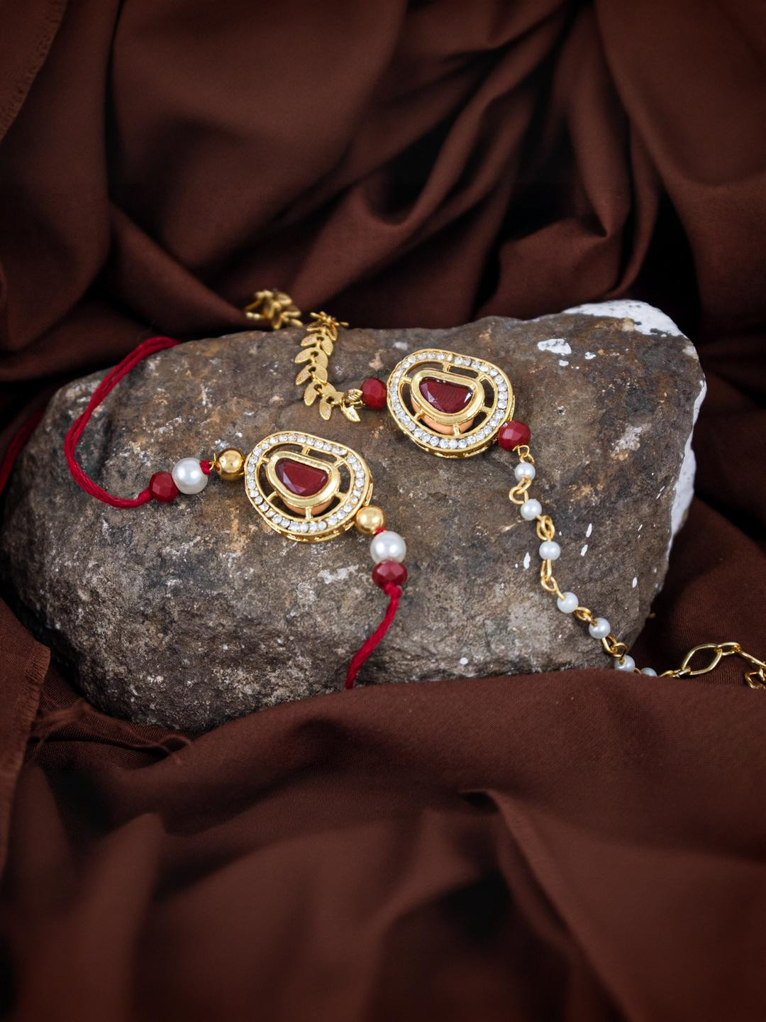 JFL - JEWELLERY FOR LESS Pack Of 2 Red Kundan And Pearls Studded Bhaiya Bhabhi Rakhi