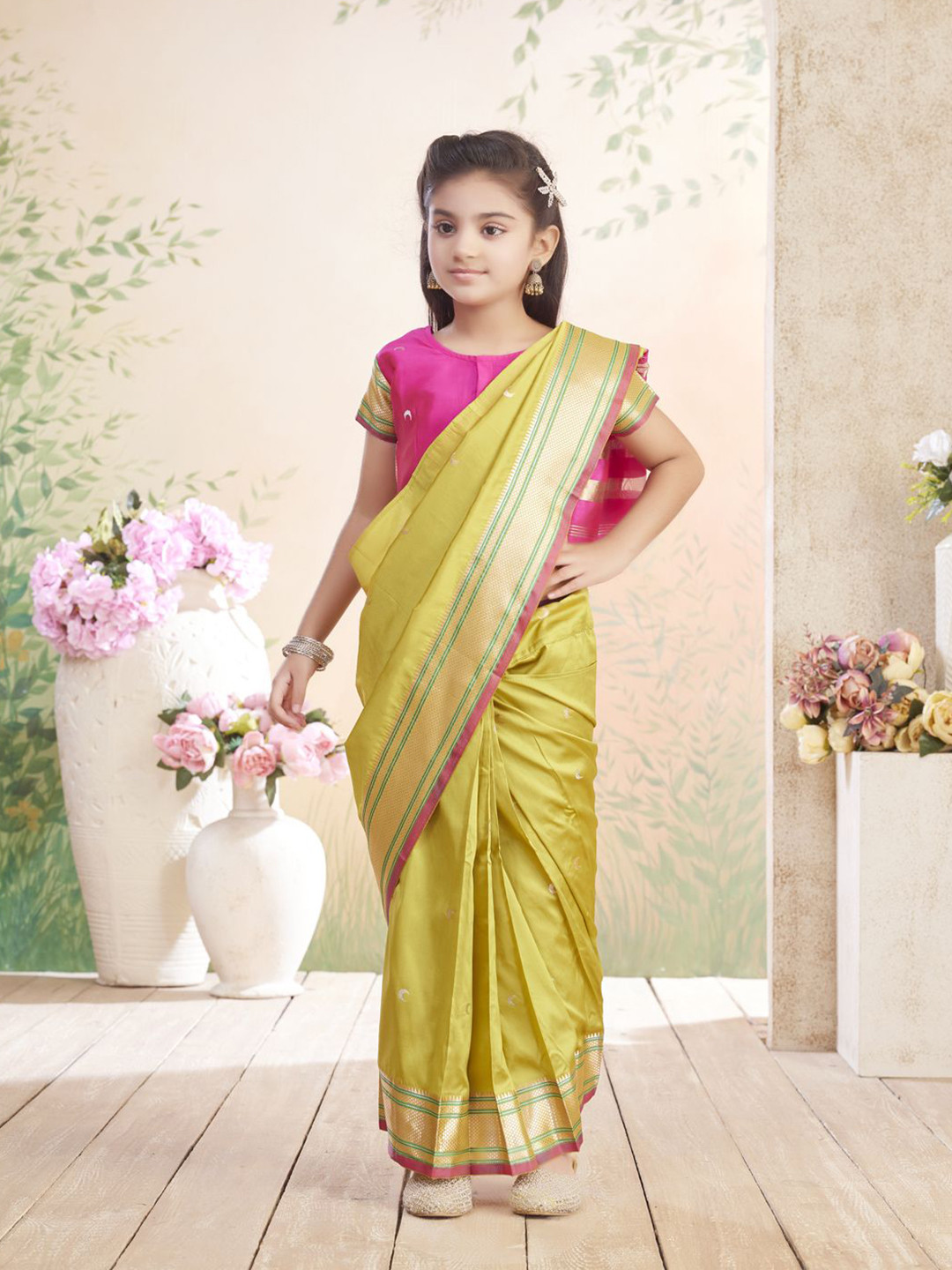 Aarika Girls Geometric Woven Design Zari Block Print Saree