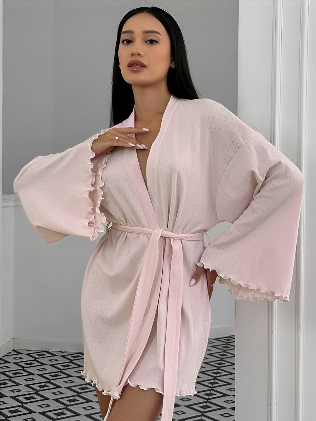 DressBerry Women Pink Long Flared Sleeves Wrap Dress